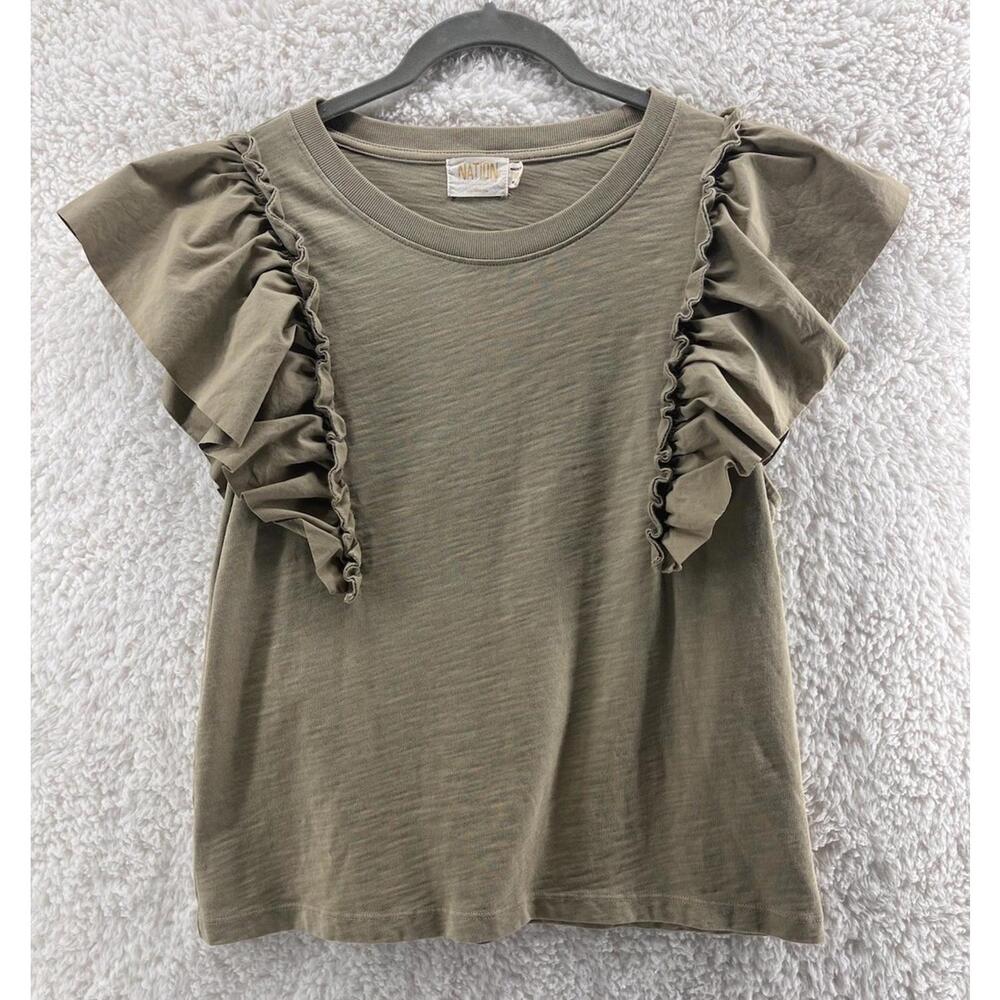 NATION LTD Para Boxy Tee Women's M‎ Blouse Flounce Sleeve Knit Ruffle Sage Green